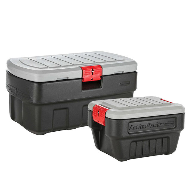 Rubbermaid action packer tote with lid full of three ring Binders